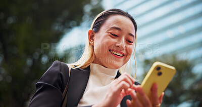 Buy stock photo Business woman, phone and happy in city with contact, networking and low angle with legal career in street. Person, smartphone and corporate lawyer with booking taxi, excited and travel in Japan