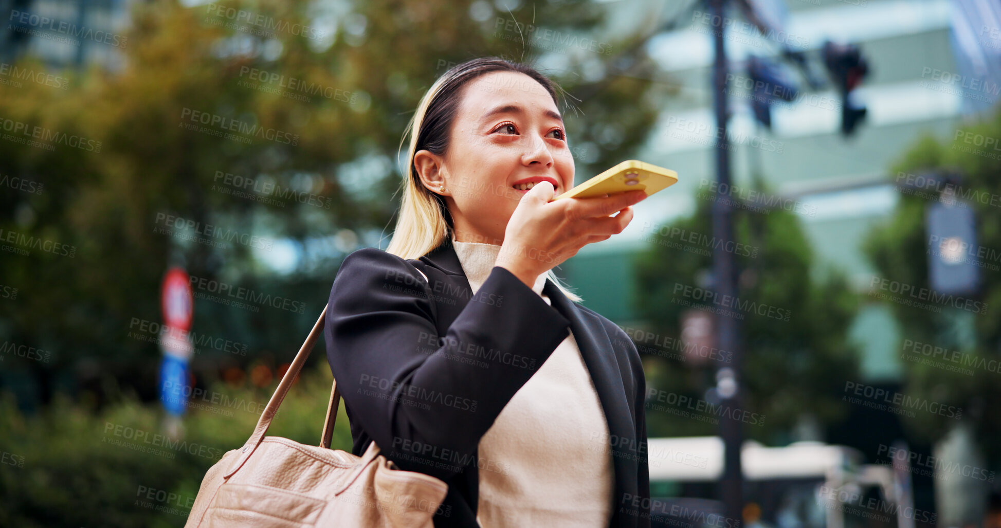 Buy stock photo Business woman, speakerphone and travel in city with thinking, memo or networking for legal career. Person, phone call and corporate lawyer for voice notes, chat or happy on commute to work in Japan