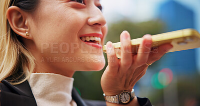 Buy stock photo Phone call, loudspeaker and woman in city, conversation and connection with happiness. Japanese person, outdoor and girl in street, smartphone and recording with message to contact and digital app