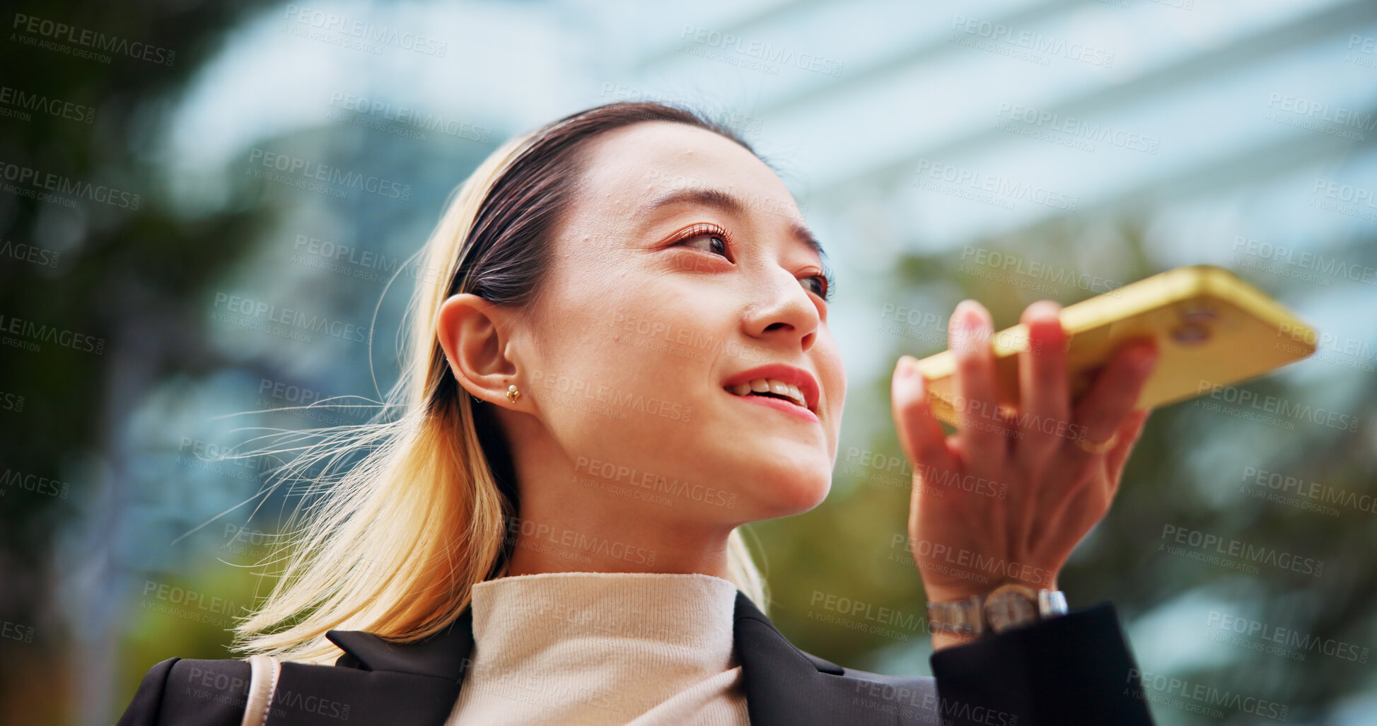 Buy stock photo Phone call, loudspeaker and woman with conversation, outdoor and connection with employee. Japanese person, travel and girl in street, cellphone and recording with message to contact or digital app