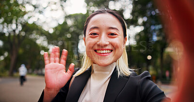 Buy stock photo Happy woman, portrait and wave in city for video call, business travel and excited for career opportunity in Tokyo. Japanese girl, smile or outdoor in town with hello, social media or live stream POV