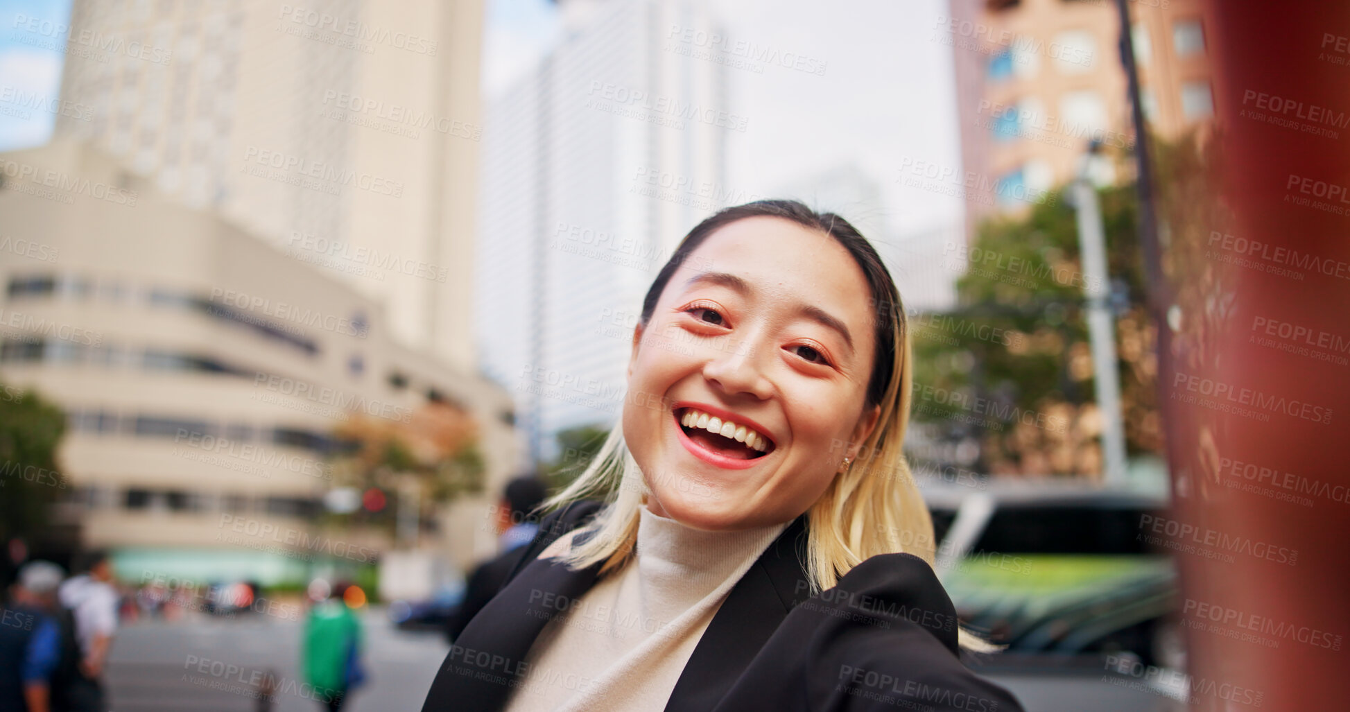 Buy stock photo Happy woman, portrait and selfie in city for business, travel and excited for career opportunity in Tokyo. Japanese person, smile and outdoor in town with network, social media and profile picture