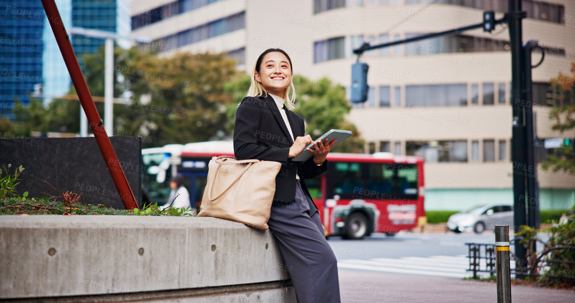 Buy stock photo Tablet, city and Japanese woman with morning commute, smile and tech of lawyer with email. Online, digital and professional from taxi app for urban travel to work with website and trip in Tokyo