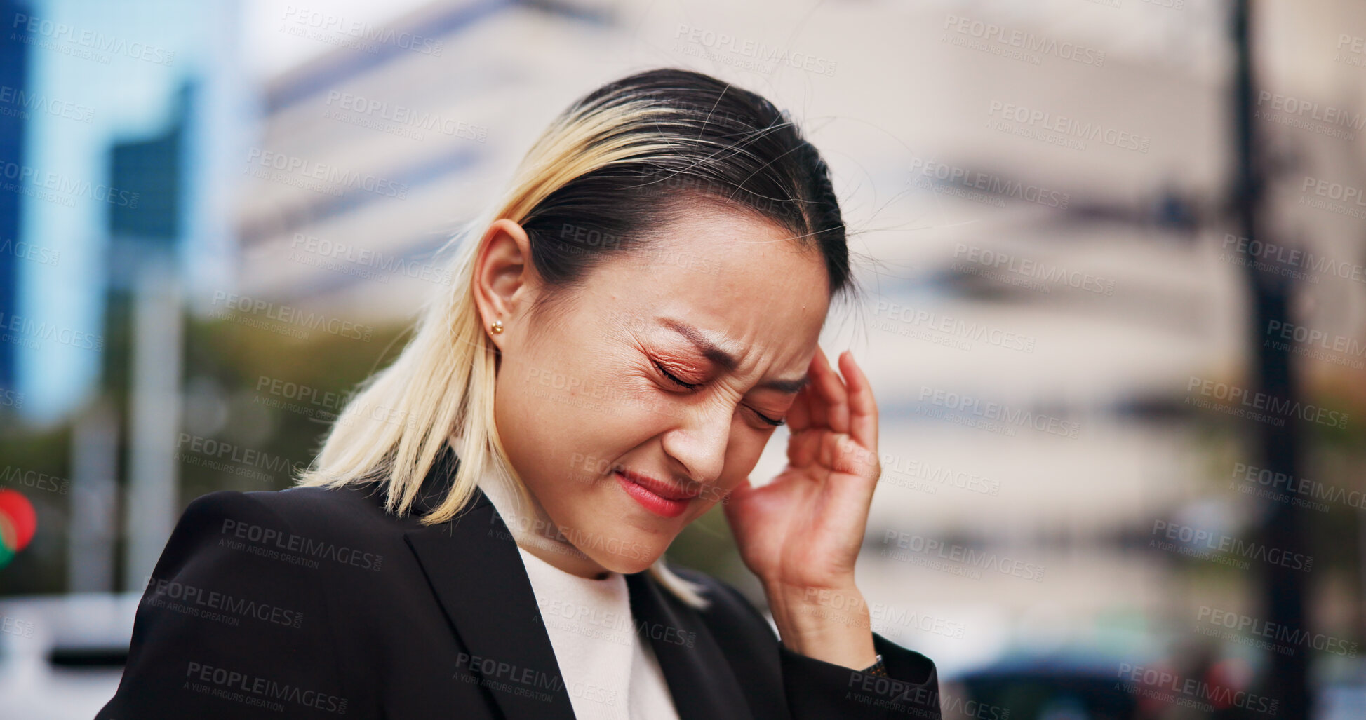 Buy stock photo Asian woman, headache or pain with stress in city for company debt, bankruptcy or strain. Frustrated, Japan or female person with migraine, vertigo or ache for pressure or discomfort in an urban town