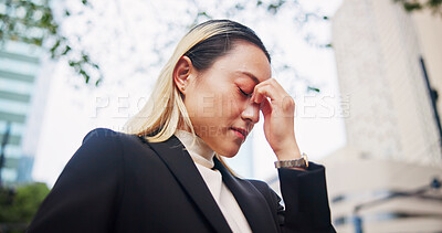 Buy stock photo Asian woman, headache or strain with stress in city for company debt, bankruptcy or fail. Frustrated, Japan or female person with migraine, vertigo or ache for pressure or discomfort in an urban town