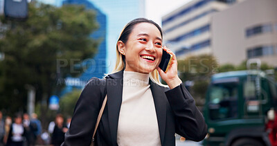 Buy stock photo Happy, asian woman and commute with phone call in city for business discussion, conversation or travel. Japan, female person or tourist with smile, talking or mobile smartphone for career opportunity