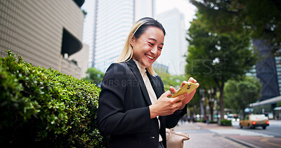 Buy stock photo Business woman, phone and laughing on travel in city with contact, networking and funny meme on urban sidewalk. Person, smartphone and corporate lawyer with booking taxi, texting and commute in Japan