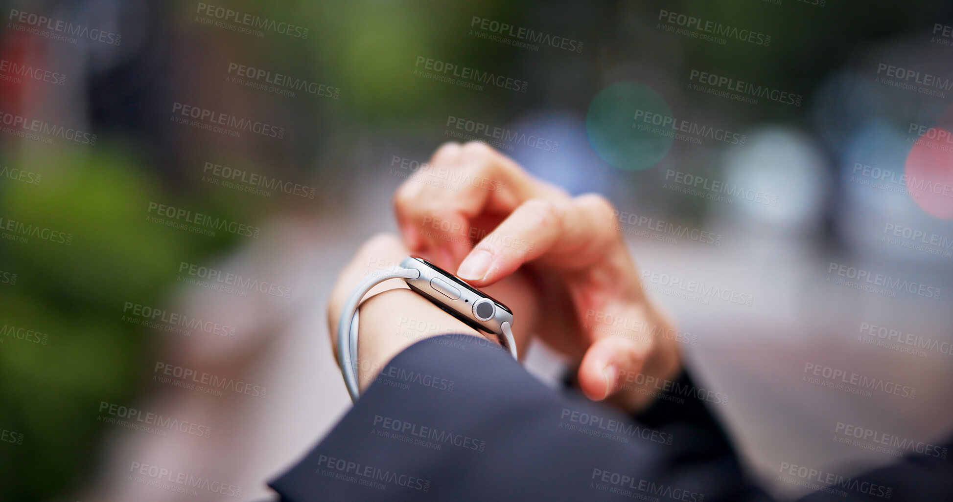 Buy stock photo Hands, corporate and person with smart watch in city to check time, schedule update and reading email. Worker, online and travel for communication, commute location and reminder notification in Japan