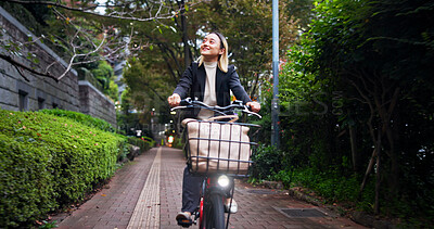 Buy stock photo Travel, smile and businesswoman with bicycle, city and commuting to work, transport and trip to morning. Outdoor, eco friendly and cycling on street, trader and Asian person with bike, happy or Japan