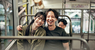 Buy stock photo Portrait, happy couple and travel in cable car for vacation, tourism and holiday together in Japan. Face, man and woman hug in transport for love, adventure and bonding on journey to Mount Takao