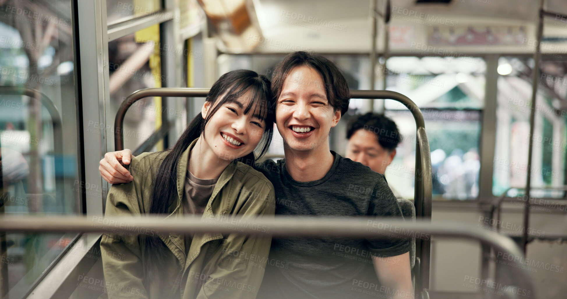 Buy stock photo Portrait, happy couple and travel in cable car for vacation, tourism and holiday together in Japan. Face, man and woman hug in transport for love, adventure and bonding on journey to Mount Takao