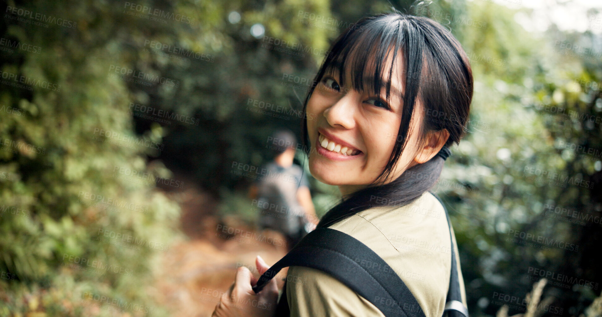 Buy stock photo Happy, nature and portrait of woman hiking on adventure, vacation or weekend trip outdoor. Smile, journey and Japanese female person trekking in forest, environment or woods for holiday activity.