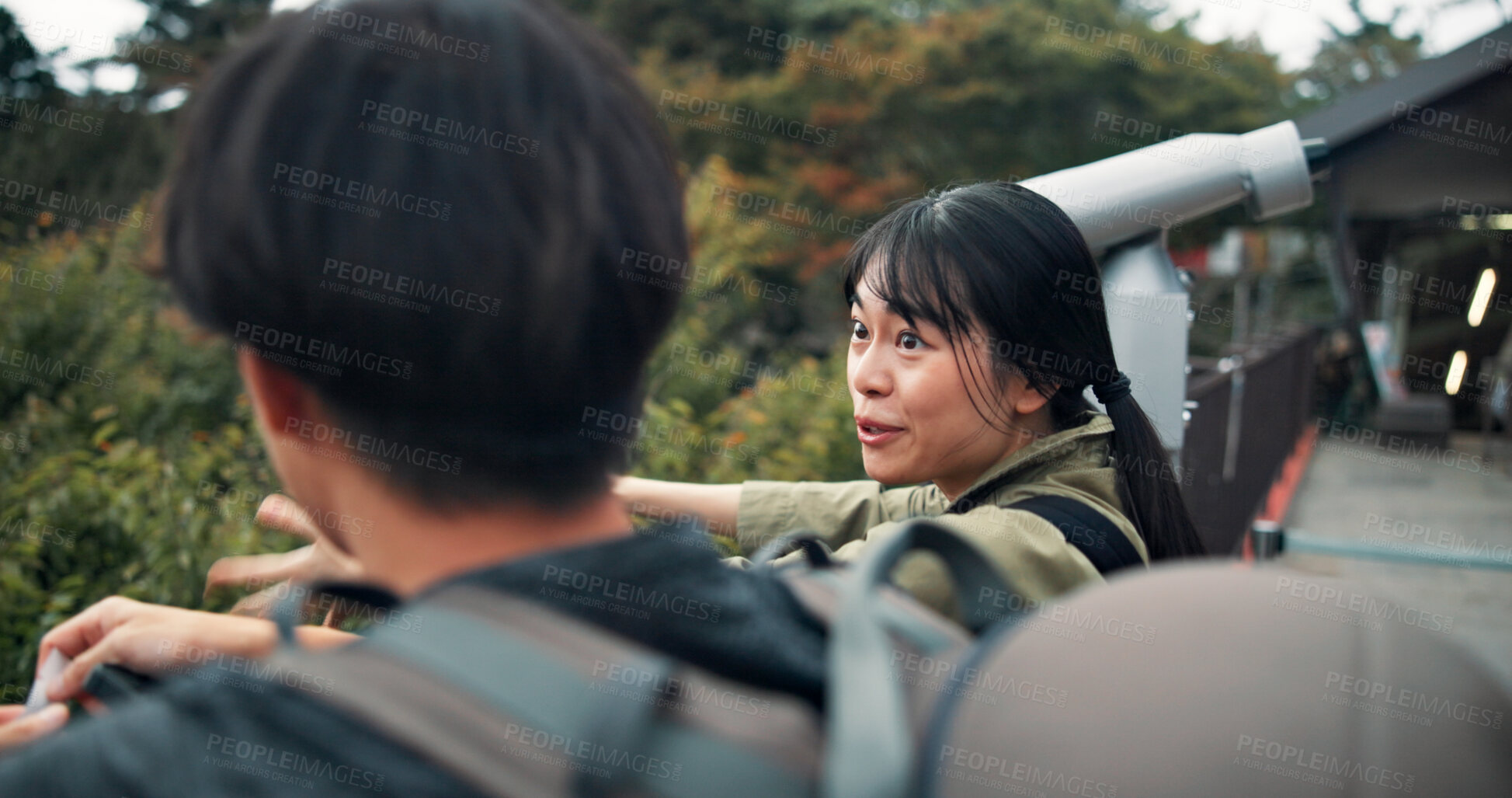 Buy stock photo Outdoor, couple and conversation with nature for hiking, sightseeing and adventure in Japan. Relationship, people and bonding with exploring on trip, travel and holiday in countryside on break