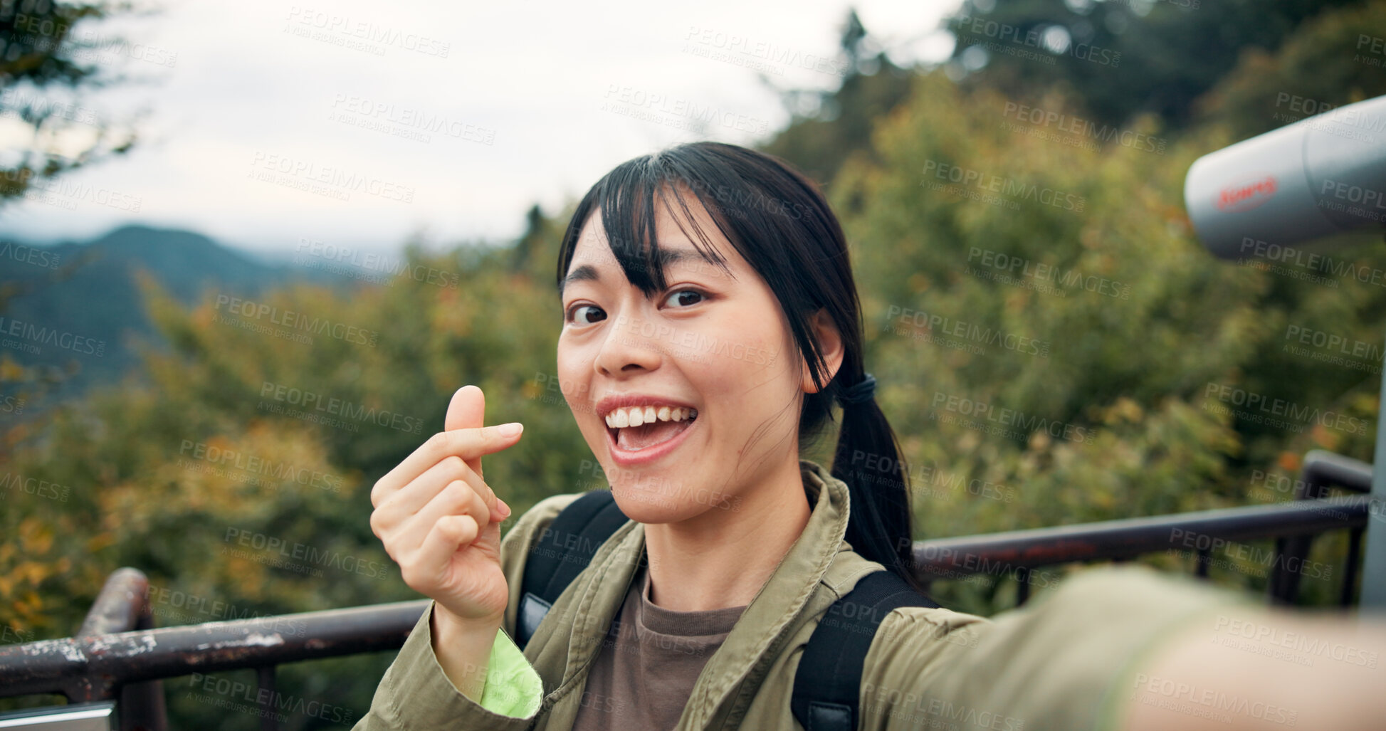 Buy stock photo Outdoor, woman and happy with selfie for hiking in nature for social media, post or profile picture in Japan. Female person, portrait and smile at forest on bridge as tourist for holiday or adventure