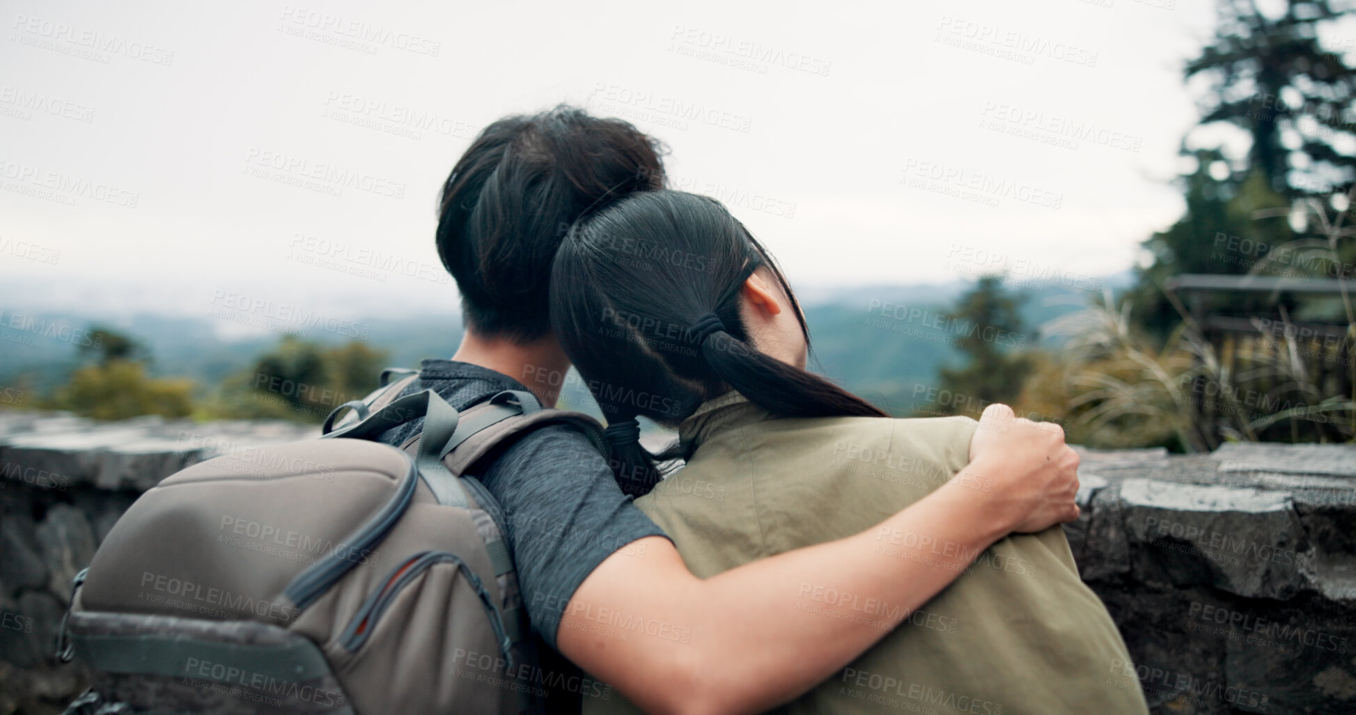 Buy stock photo Love, hug and back of couple in nature with bonding together for romantic getaway for anniversary. Care, travel and man and woman embracing for connection by outdoor balcony on vacation in Japan.