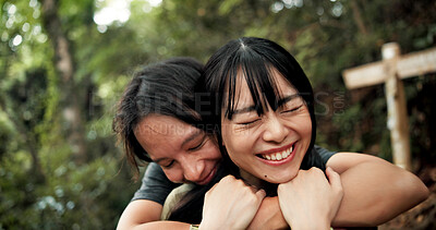 Buy stock photo Hug, love and smile with couple in nature for holiday, travel or vacation on mountains of Japan. Anniversary, honeymoon and romance with Japanese people outdoor on Mount Takao together for dating