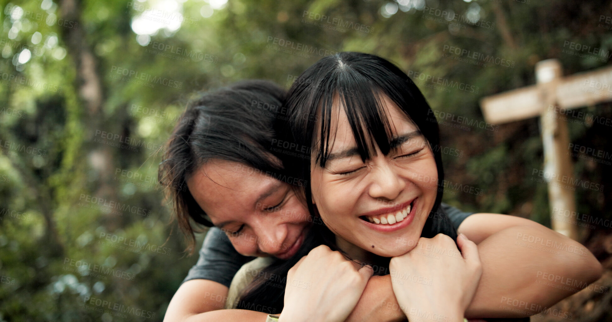 Buy stock photo Hug, love and smile with couple in nature for holiday, travel or vacation on mountains of Japan. Anniversary, honeymoon and romance with Japanese people outdoor on Mount Takao together for dating