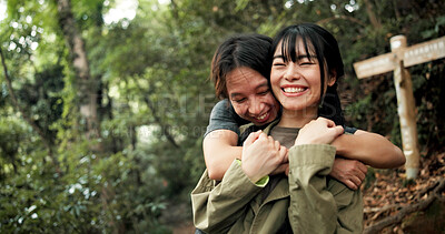 Buy stock photo Hug, love and romance with couple in nature for hiking holiday, travel or vacation to Japan. Anniversary, honeymoon and smile with Japanese hiker people outdoor on Mount Takao together for adventure