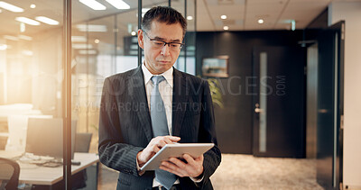Buy stock photo Japan, business and man with tablet, finance and typing with internet, website info and online report. Mature person, accountant and employee with digital app for investment and connection in office