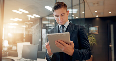 Buy stock photo Internet, business and man with tablet, finance and typing with website info, person or connection. Japan, accountant and employee in workplace, digital app for investment and online financial report
