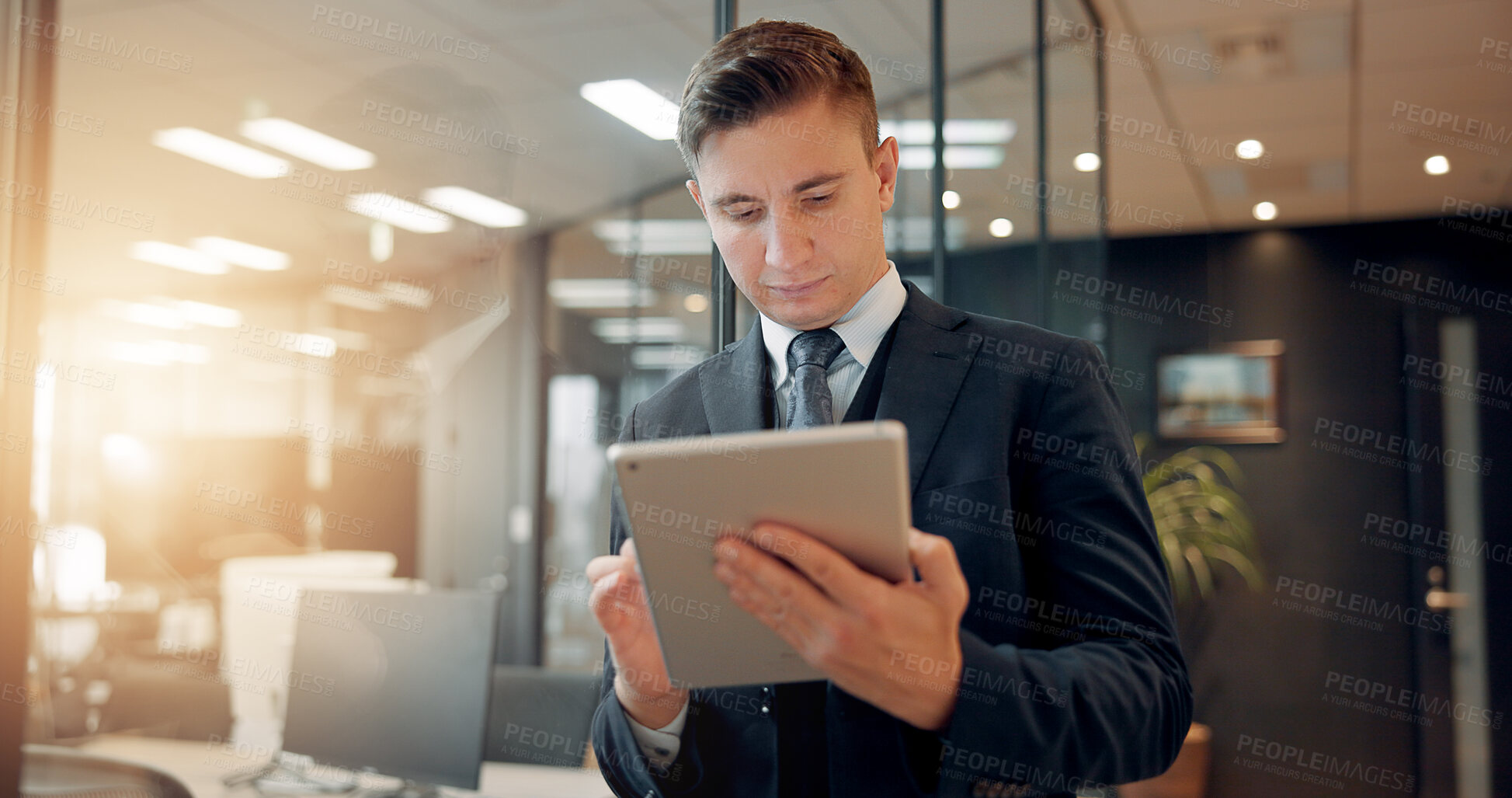 Buy stock photo Internet, business and man with tablet, finance and typing with website info, person or connection. Japan, accountant and employee in workplace, digital app for investment and online financial report