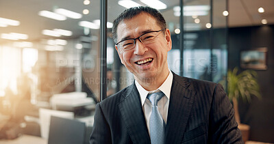 Buy stock photo Portrait, Japanese and businessman with smile in office of corporate career, financial ambition and about us. Mature accountant, laugh and pride with funny joke, investment growth and profit in Japan