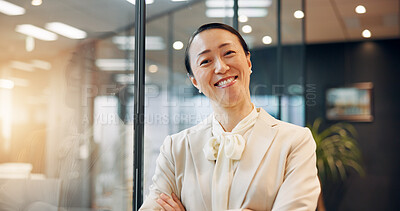 Buy stock photo Portrait, Japanese and businesswoman with confidence in office, corporate career and financial ambition. Mature accountant, arms crossed and pride with about us, investment growth and profit in Japan