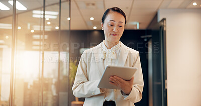 Buy stock photo Japan, business and woman in office, tablet and typing with internet, website info and connection. Asian person, accountant and employee in workplace, app for investment and online financial report