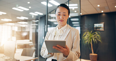 Buy stock photo Japan, finance and woman in office, tablet and typing with internet, website info and connection. Asian person, accountant and employee in workplace, app for investment and online report with network