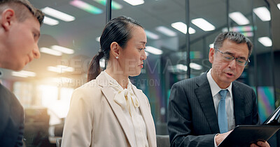 Buy stock photo Feedback, report and review with business people in office for collaboration, meeting or planning. Agenda, discussion and strategy with Japanese employee group in corporate workplace for schedule