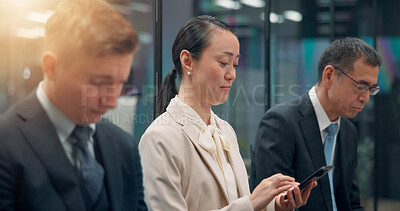 Buy stock photo Asian woman, phone and waiting room with team in line for business, interview or job opportunity. Japan, female person or employee with mobile smartphone for career research or online application