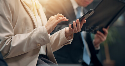 Buy stock photo Closeup, hands and typing with phone for job search, research or online application at office. Japan, employee or candidate with mobile smartphone for business network or browsing career at workplace