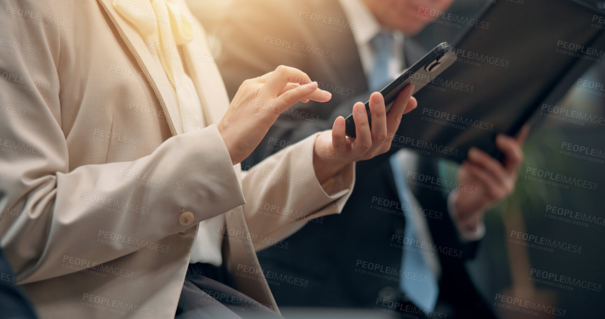 Buy stock photo Closeup, hands and typing with phone for job search, research or online application at office. Japan, employee or candidate with mobile smartphone for business network or browsing career at workplace