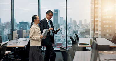 Buy stock photo Tablet, window or business people in office with legal advisor for court case, documents or research. Walking, contract or mature lawyer in city with attorney feedback paperwork at law firm in Japan