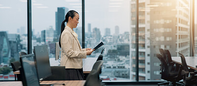 Buy stock photo Profile, business or woman in office, file or financial report with corporate professional. Asian person, technology or accountant in workplace, investment company or employee with paperwork in Japan