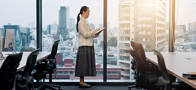 Buy stock photo Japan, accountant and woman in office, tablet and typing with internet, website info and connection. Asian person, budget report or employee in workplace, digital app for investment or online reading