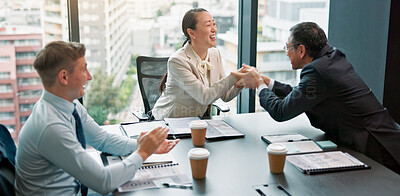 Buy stock photo Handshake, client and people in boardroom, celebration and negotiation for business deal and talking. Office, shaking hands and group with paperwork for proposal, excited and sales manager in Japan