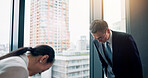 Japanese business people, office and bow for greeting, meeting or traditional introduction. Collaboration, respect and team gesture for gratitude, thank you and welcome to corporate investment agency