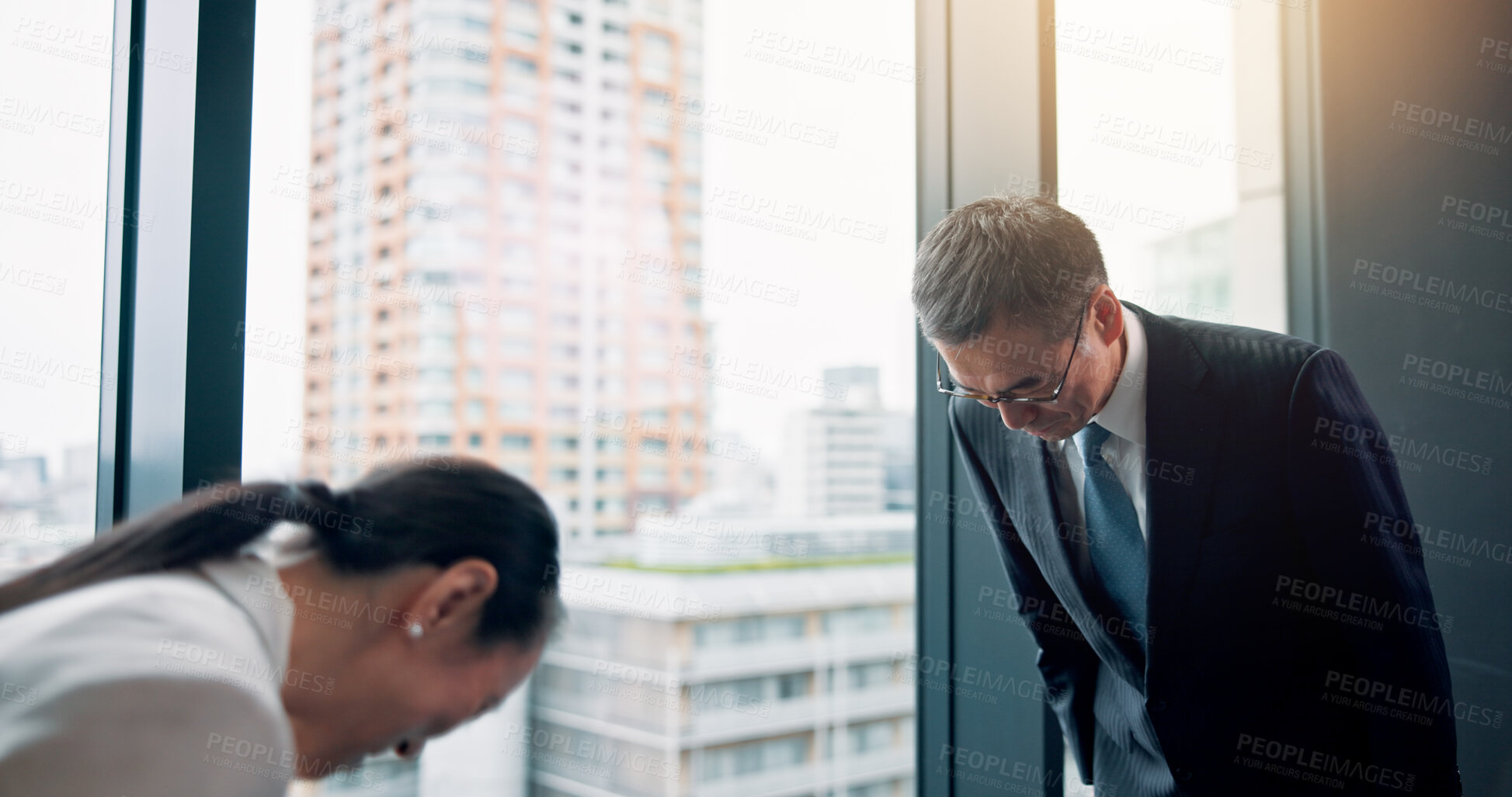Buy stock photo Japanese business people, office and bow for greeting, meeting or traditional introduction. Collaboration, respect and team gesture for gratitude, thank you and welcome to corporate investment agency