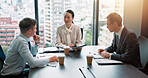 Discussion, client and people in boardroom, documents and negotiation for business deal and talking. Office, conversation and group with paperwork for proposal, research and sales manager in Japan