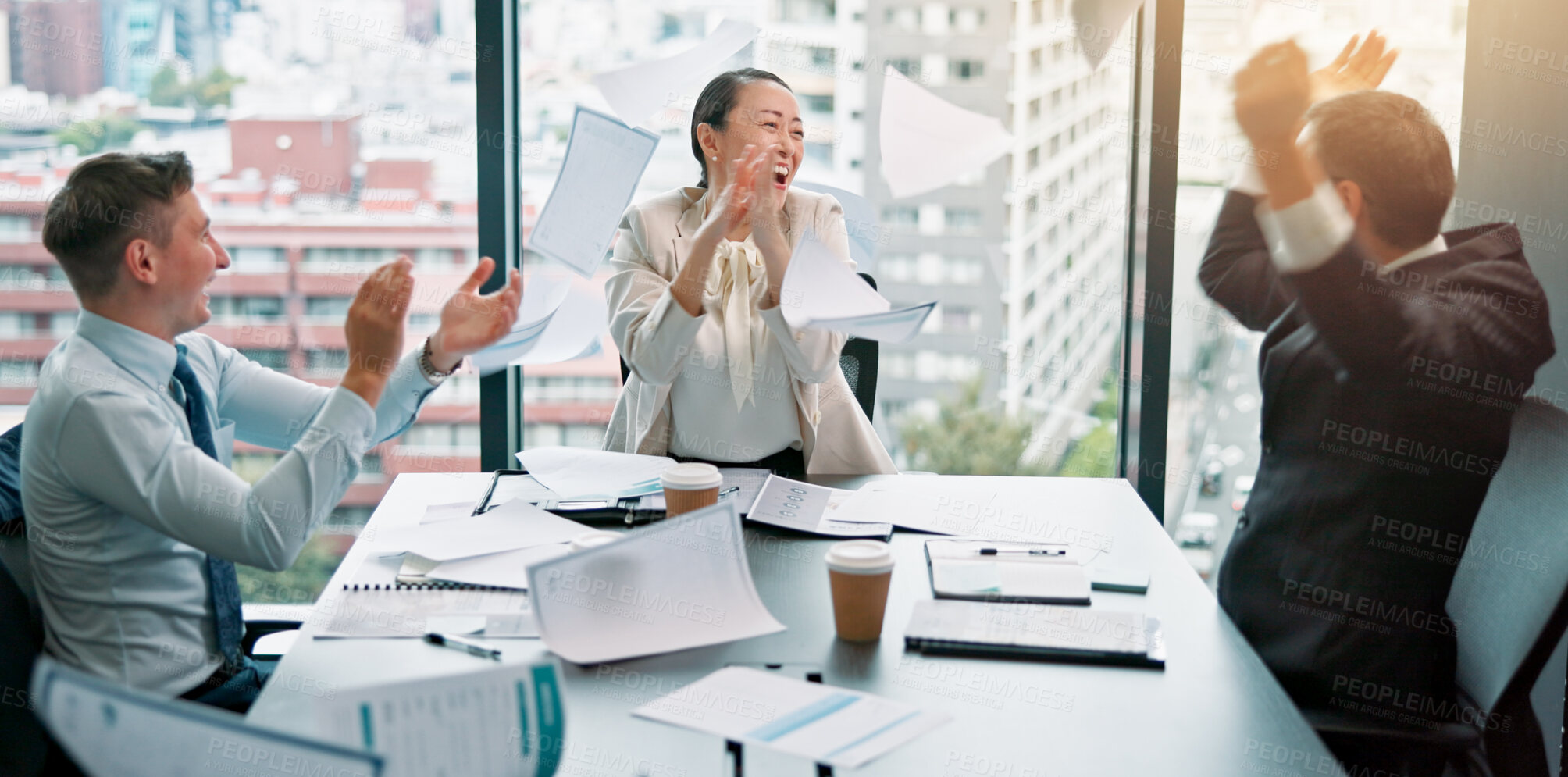 Buy stock photo Clapping, client and people in boardroom, celebration and negotiation for business deal and success. Office, accomplishment and group with paperwork for proposal, excited and sales manager in Japan