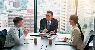Buy stock photo Meeting, client and people in boardroom, documents and negotiation for business deal and discussion. Office, mature man and group with paperwork for proposal, research and sales manager in Japan