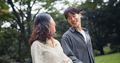 Buy stock photo Japanese couple, smile and walk at park for holiday, support or healthy relationship together. Asian man, woman and travel on date at garden outdoor for romantic connection, love or happy on vacation