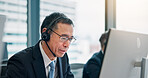 Mic, businessman and consulting with computer for call center, crm system and research for customer. Office, support and mature agent with headset for communication, telemarketing or service in Japan