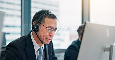 Buy stock photo Mic, businessman and consulting with computer for call center, crm system and research for customer. Office, support and mature agent with headset for communication, telemarketing or service in Japan