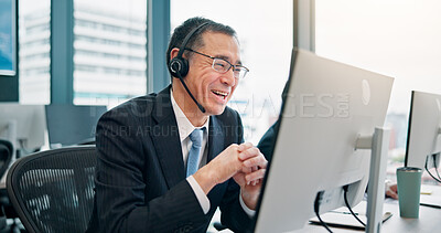 Buy stock photo Headset, businessman and consulting with computer for call center, crm system and sales for customer. Office, coworking and mature agent with mic for communication, telemarketing and happy in Japan