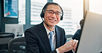 Headset, portrait and businessman with computer for call center, crm system and research for customer. Office, coworking and mature agent with mic for communication, telemarketing and happy in Japan