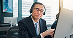 Headset, businessman and portrait with computer for call center, crm system and research for sales. Office, coworking and mature agent with mic for communication, telemarketing and service in Japan