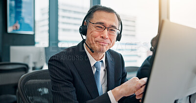 Buy stock photo Headset, businessman and portrait with computer for call center, crm system and telecom for sales. Office, coworking and mature agent with mic for communication, telemarketing and service in Japan