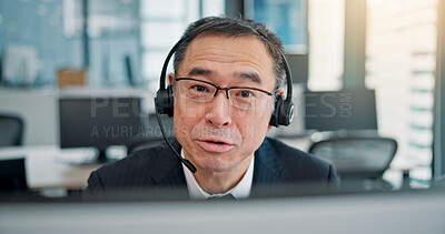 Buy stock photo Mic, businessman and portrait with computer for call center, crm system and research for customer. Office, support and mature agent with headset for communication, telemarketing and service in Japan